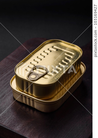 Tin or aluminum rectangular can of canned food with a key 103169427