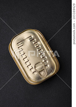Tin or aluminum rectangular can of canned food with a key 103169429