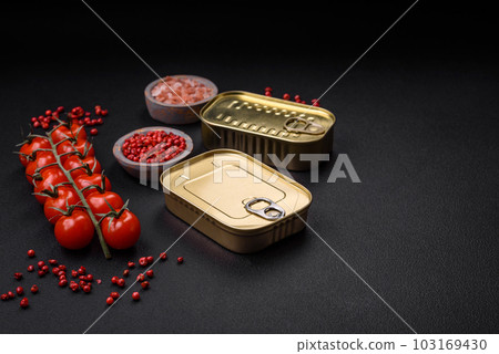 Tin or aluminum rectangular can of canned food with a key 103169430