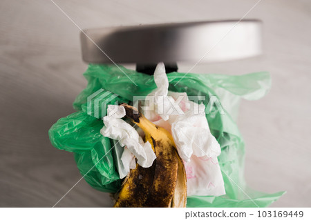 Food waste in Trash Can. Unsorted garbage. Food Waste is an Urgent Global Problem. Food loss is food that is discarded or lost uneaten. 103169449