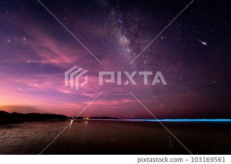 Amazing shot sea bioluminescence, stars, a falling star and starting sunrise Amazing shot sea bioluminescence, stars, a falling star and starting sunrise 103169561