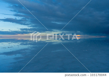 Uyuni Salt Flats and Reflection on Water at Sunset. Aerial View. Bolivia. 103170044