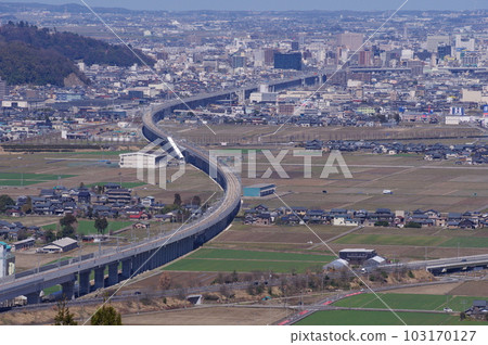 View from Mt. Monju towards the center of Fukui City Hokuriku Shinkansen under construction March 2023 View from Mt. Monju towards the center of Fukui City Hokuriku Shinkansen under construction March 2023 103170127