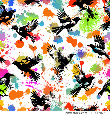 colorful seamless pattern with flying birds. flying magpies. Vector illustration colorful seamless pattern with flying birds. flying magpies. Vector illustration 103170232