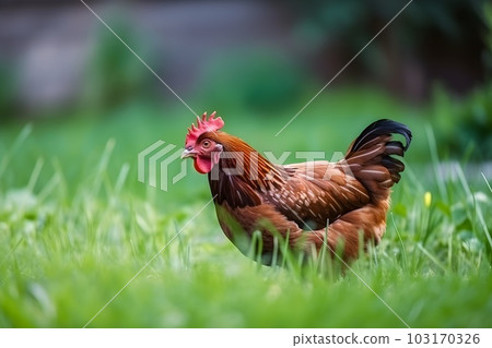Chicken on the grass with copyspace. Agriculture and farming concept. Generative AI. 103170326