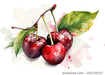 Watercolor painting of ripe cherry on white background. Generative AI. 103170327