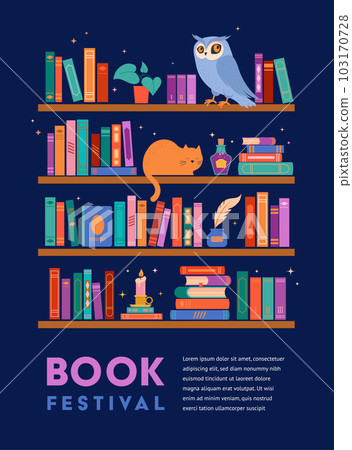Bookshelf full of magic symbols, concept illustration. A lot of books on the shelf, poison bottle Bookshelf full of magic symbols, concept illustration. A lot of books on the shelf, poison bottle 103170728