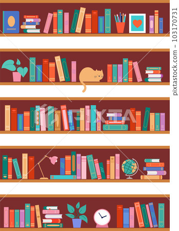 Bookshelf concept illustration. A lot of books on the shelf, clock, cat, plant and globe Bookshelf concept illustration. A lot of books on the shelf, clock, cat, plant and globe 103170731