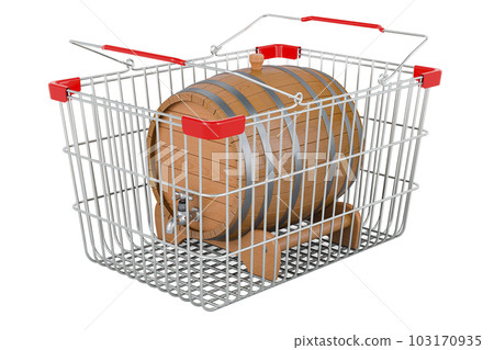 Wooden barrel inside shopping basket, 3D rendering Wooden barrel inside shopping basket, 3D rendering 103170935