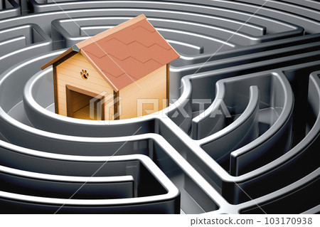 Wooden doghouse inside dark labyrinth, 3D rendering Wooden doghouse inside dark labyrinth, 3D rendering 103170938
