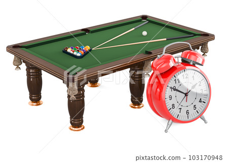 Billiard table with balls and cue with alarm clock, 3D rendering Billiard table with balls and cue with alarm clock, 3D rendering 103170948