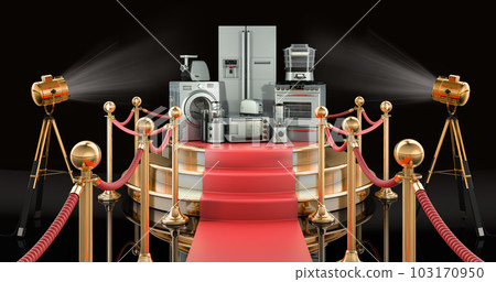 Podium with kitchen and home appliances, 3D rendering 103170950