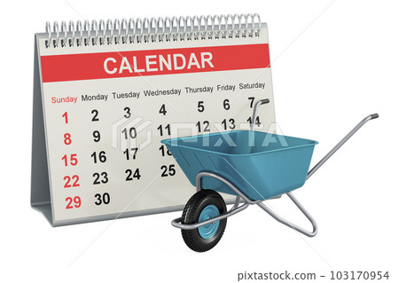 Garden wheelbarrow with desk calendar, 3D rendering 103170954