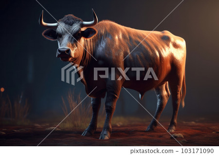 A domesticated bovine cow with brown and white fur standing in a green grassy field with blue sky in the background. AI Generative. A domesticated bovine cow with brown and white fur standing in a green grassy field with blue sky in the background. AI Generative. 103171090
