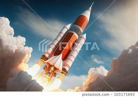 Red and white rocket launching into space with flames and smoke trailing behind. Generative AI 103171693