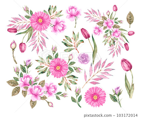 Watercolor set of pink flowers and bouquets on a white background Watercolor set of pink flowers and bouquets on a white background 103172014