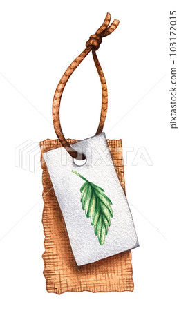 Watercolor tag from kraft fabric and white paper on a rope with a leaf Watercolor tag from kraft fabric and white paper on a rope with a leaf 103172015