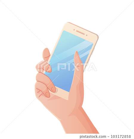 caucasian man hand holding a mobile phone isolated on white background. Digital Devices and Technology concept. Stock vector illustration in realistic cartoon style. 103172858