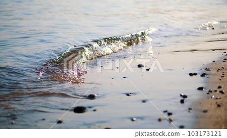 close-up, sea surf, tide, sea waves on the sand beach. in the rays of the sun, warm summer sunset, close-up, sea surf, tide, sea waves on the sand beach. in the rays of the sun, warm summer sunset, 103173121