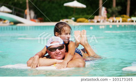 man in sun glasses, father and daughter, kid girl, playing in the pool water, having fun together. Happy family relaxing by the swimming pool on a hot summer day at water park. Summer vacation concept man in sun glasses, father and daughter, kid girl, playing in the pool water, having fun together. Happy family relaxing by the swimming pool on a hot summer day at water park. Summer vacation concept 103173165