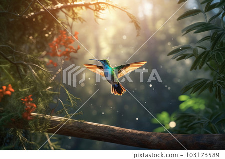 Beautiful and peaceful hummingbird hovering over a flower in the wild of a lush forest in Costa Rica. AI Generative. Beautiful and peaceful hummingbird hovering over a flower in the wild of a lush forest in Costa Rica. AI Generative. 103173589