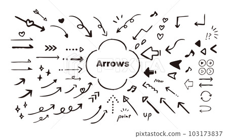 可愛的黑色手繪箭頭和零食。矢量插圖素材集 103173837