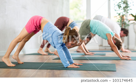 Parents with son and daughter stand in pose dog face down Parents with son and daughter stand in pose dog face down 103174645