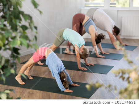 Diligent little girl practicing downward facing dog pose of yoga with her family Diligent little girl practicing downward facing dog pose of yoga with her family 103174651