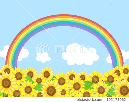 Summery illustration background material of blue sky and white clouds with lots of sunflowers and rainbow 103175062