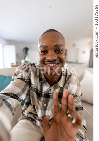 Portrait of african american young man smiling and waving hand while sitting on sofa in living room 103175268