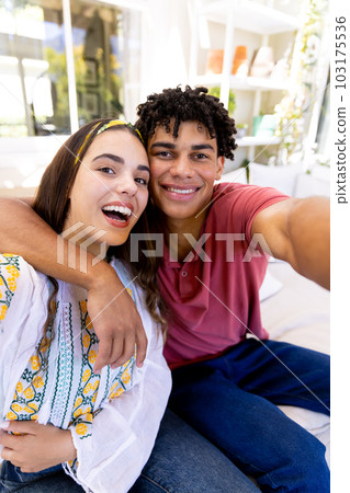 Portrait of happy diverse couple smiling for selfie and embracing, sitting in living room at home 103175536