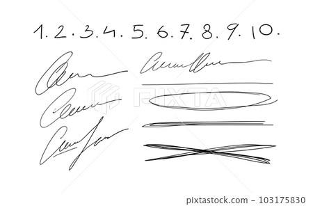 A set of handwritten scribbles and numbers, signature, strikethrough blots, mistakes. Hand drawn set of pen lines and design elements, vector illustration isolated on white background. A set of handwritten scribbles and numbers, signature, strikethrough blots, mistakes. Hand drawn set of pen lines and design elements, vector illustration isolated on white background. 103175830
