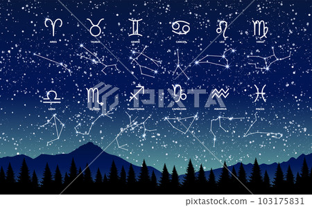 12 constellations of zodiac signs on the night sky, modern astrology banner, mystical template with horoscope symbols for calendar, app, print. Vector illustration. 12 constellations of zodiac signs on the night sky, modern astrology banner, mystical template with horoscope symbols for calendar, app, print. Vector illustration. 103175831