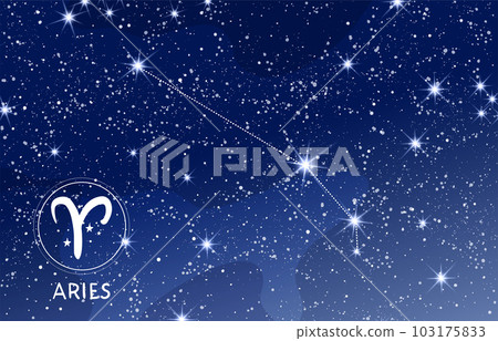 Aries constellation in blue night sky, zodiac sign, astrology banner for horoscope, modern astronomy card, mystical vector boho illustration. Aries constellation in blue night sky, zodiac sign, astrology banner for horoscope, modern astronomy card, mystical vector boho illustration. 103175833