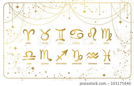 Banner with symbols of 12 zodiac signs, vintage hand drawn illustration for astrology, horoscope, divination, boho design. Golden mystical graphic isolated on white background. 103175840