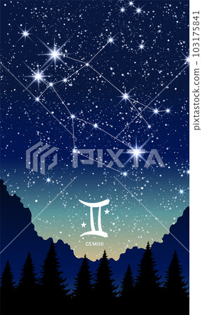 Gemini zodiac sign, constellation in the night sky, landscape vertical postcard for stories. Template for astrology, fortune teller, astronomy calendar. Modern vector illustration. 103175841