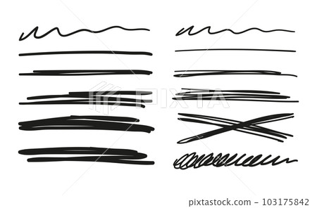 Set of hand drawn scribbles, strikethroughs, blots in text, highlighter, pen, pencil underlines. Abstract lines for the design of handwritten text. Vector illustration isolated on white background. 103175842