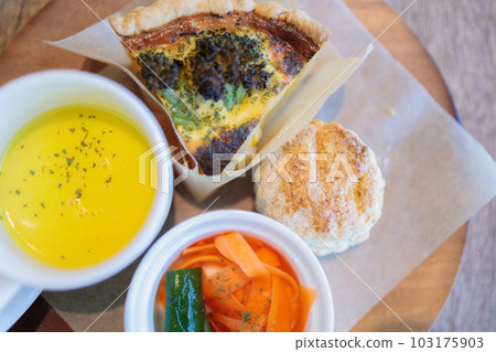 quiche, scones and soup quiche, scones and soup 103175903