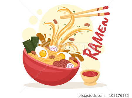 Ramen Vector Illustration of Japanese Food with Noodle, Chopsticks, Miso Soup, Egg Boiled and Grilled Nori in Flat Cartoon Hand Drawn Templates 103176383