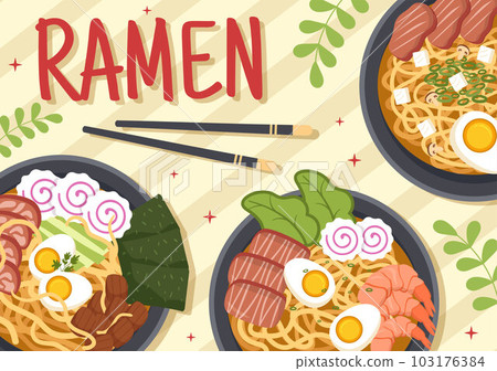 Ramen Vector Illustration of Japanese Food with Noodle, Chopsticks, Miso Soup, Egg Boiled and Grilled Nori in Flat Cartoon Hand Drawn Templates Ramen Vector Illustration of Japanese Food with Noodle, Chopsticks, Miso Soup, Egg Boiled and Grilled Nori in Flat Cartoon Hand Drawn Templates 103176384