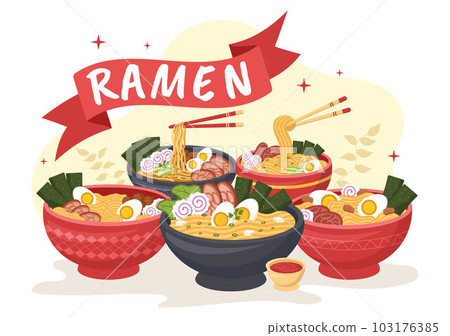 Ramen Vector Illustration of Japanese Food with Noodle, Chopsticks, Miso Soup, Egg Boiled and Grilled Nori in Flat Cartoon Hand Drawn Templates Ramen Vector Illustration of Japanese Food with Noodle, Chopsticks, Miso Soup, Egg Boiled and Grilled Nori in Flat Cartoon Hand Drawn Templates 103176385