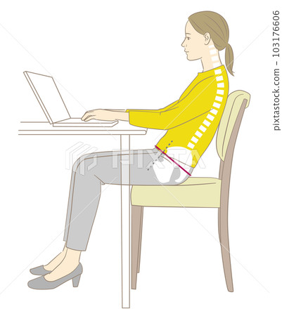 A woman and a skeleton figure who do desk work by leaning on the backrest 103176606
