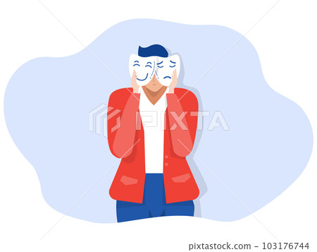 Businessman holding masks different masks happy and sad imposter syndrome; Bipolar disorder; fake faces and emotions. psychology; false behavior or deceiver.vector illustrator Businessman holding masks different masks happy and sad imposter syndrome; Bipolar disorder; fake faces and emotions. psychology; false behavior or deceiver.vector illustrator 103176744