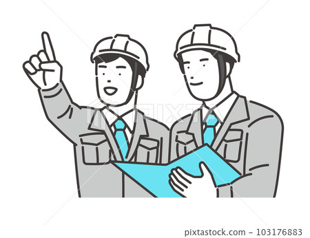 一名戴著安全帽的工人在建築工地/建築/繪圖上指向文件的矢量圖 103176883
