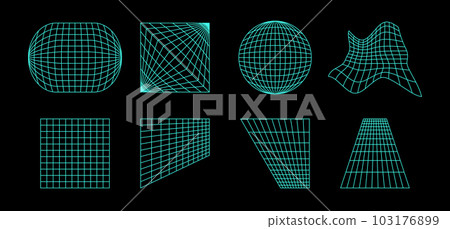 Neon wireframe elements collection. Geometric surface grid of different shape. Distorted perspective planes and object set. Vector geometric bundle for posters, flyers, collages, templates. 103176899