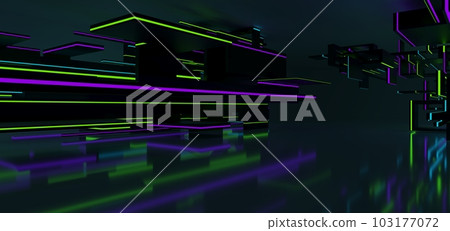 Abstract architectural minimalistic background. Laser show in the ultraviolet spectrum. Modern impulse tunnel. Futuristic space sci-fi frame neon backlight. 3D illustration and rendering. Abstract architectural minimalistic background. Laser show in the ultraviolet spectrum. Modern impulse tunnel. Futuristic space sci-fi frame neon backlight. 3D illustration and rendering. 103177072