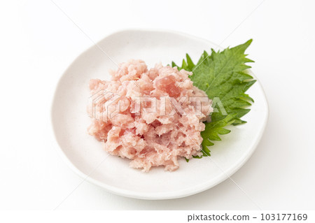 白色背景盤中供應的蔥金槍魚 103177169