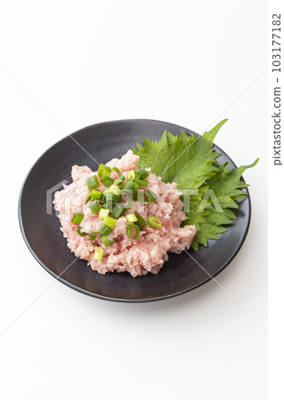 Green onion tuna served on a plate white background 103177182