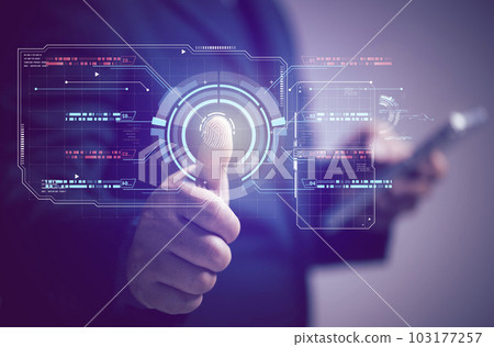 Online Security Identity Verification Concept. Businessman scans his finger to verify identity to access the corporate system. Cyber security and information technology. 103177257