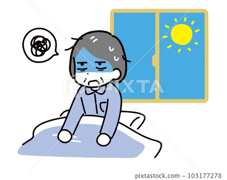 Senior woman in pajamas with a tired face in her futon in the morning (upper body) Senior woman in pajamas with a tired face in her futon in the morning (upper body) 103177278